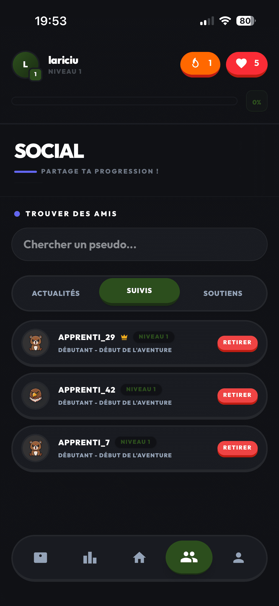 Trouver des amis et partager sa progression dans Lariciu